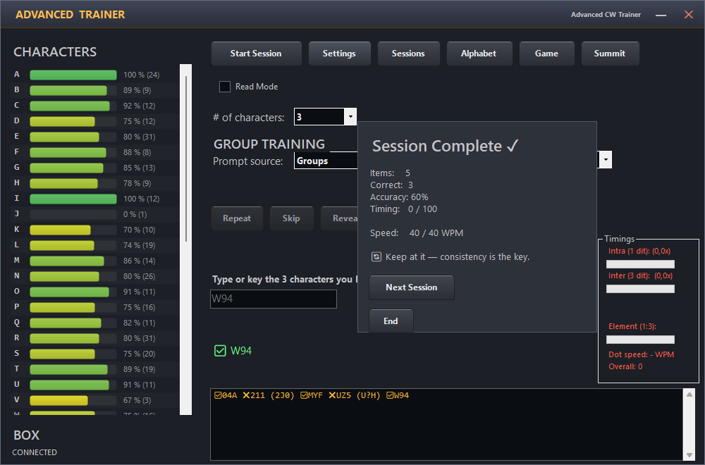 Advanced Morse Trainer callsign session