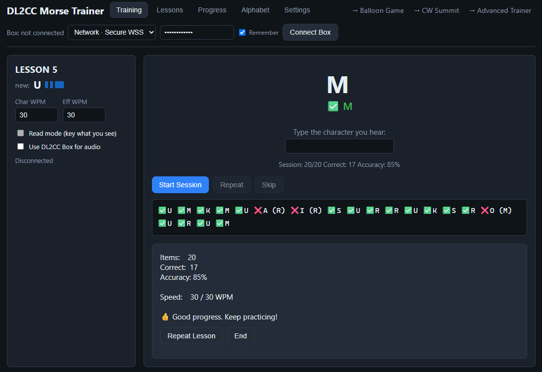 Morse Trainer lesson and training view