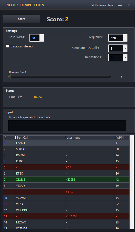 Pileup Trainer simultaneous-callsign copying session